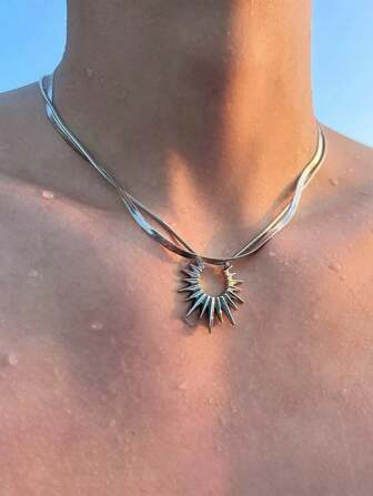 1pc Titanium Steel Double Layer Snake Bone Chain Necklace Pendant, Unisex Suitable For Daily, Beach, Vacation Wear