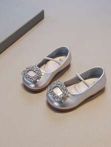 1 Pair Silver Cute & Fashionable Rhinestone Design Soft Bottom Anti-Slip Flat Baby Prewalker Shoes, Suitable For Spring, Summer, Autumn And Winter - Silver - View 4