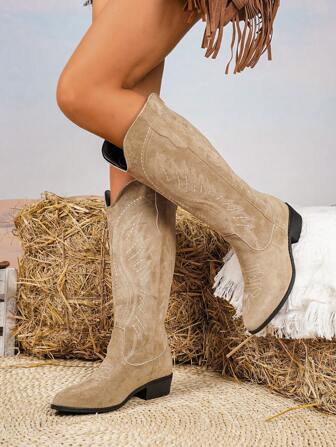 Höst/vinter dammode broderade mockaliknande ankelstövlar, spetsig tå, grov klack, V-skurna Chelsea-stövlar, edgy punk-stil med mellanhög klack, utomhus- och vardagsstövlar, snygga klänningsstövlar, lämpliga för alla årstider, westernstil, cowboystövlar