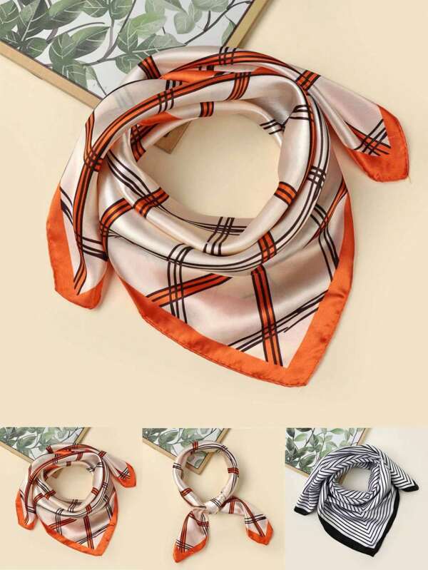 1pc Striped Small Square Scarf, Elegant Minimalist Style Neckerchief, Black & White Stripe Decoration Silk Scarf For Women