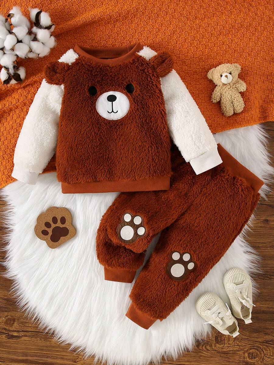 Bộ đồ len thêu hình chú gấu dễ thương, áo tay raglan màu tương phản + quần thêu họa tiết dấu chân chó, phù hợp cho bé trai/bé gái mặc ngoài trời - màu nâu - Xem 1