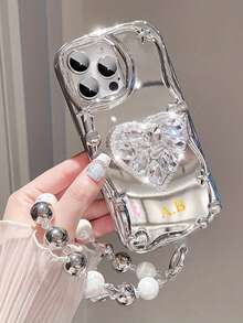 1 套 3 件（手机壳 + 支架 + 挂绳）个性化字母定制手机壳，一套水钻闪亮心形支架适用于 电镀银色新款手链手机绳手机壳套装，定制字母名称，复古纯色情侣手机壳 - 銀色 - 查看 3