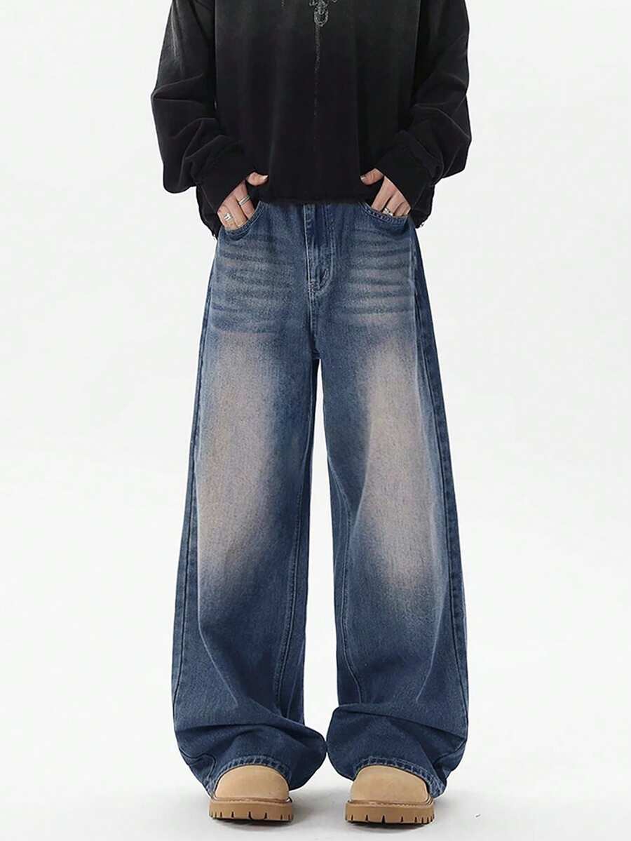 1 chiếc quần jeans nam dáng rộng, thời trang, kiểu vintage, ống rộng (không kèm thắt lưng hoặc phụ kiện) - Màu xanh hải quân - Xem 1