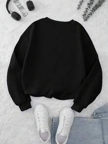 Teen Girl Casual Minimalist Letter Graphic Print Round Neck Loose Long Sleeve Girl Sweatshirt Back To School Fall And Winter For Shopping, School And Vacation Wear - Black - View 3