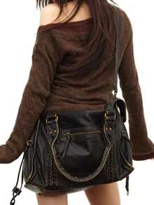 女士时尚街头朋克复古单肩包，大容量Y2K机车包，纯素皮革城市通勤包，可拆卸肩带斜挎包，适合日常使用和聚会，节日送礼佳品 - 黑色 - 查看 3