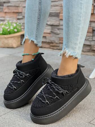 Botas de nieve para mujer de plataforma con suela antideslizante, cálidas y cómodas, de estilo casual y versátil, con puntera redonda, forro de piel sintética, cordones y diseño de moda, para otoño/invierno