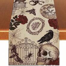 1 pieza Camino de mesa gótico vintage de Halloween de 33x183cm, mantel con calaveras de azúcar y rosas, decoración del Día de los Muertos para comedor, bufanda de cocina retro de terror, suministros para fiesta de esqueletos, tela de poliéster impermeable, decoración de otoño, decoración de Halloween, decoración de hogar - Multicolor - Ver 1