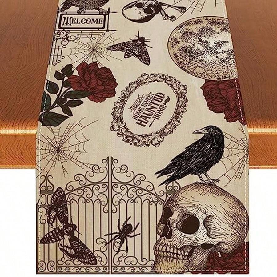 1 pieza Camino de mesa gótico vintage de Halloween de 33x183cm, mantel con calaveras de azúcar y rosas, decoración del Día de los Muertos para comedor, bufanda de cocina retro de terror, suministros para fiesta de esqueletos, tela de poliéster impermeable, decoración de otoño, decoración de Halloween, decoración de hogar - Multicolor - Ver 1