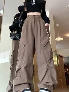 美式复古风格宽松阔腿工装裤/牛仔裤，绿灰色，冬季休闲装