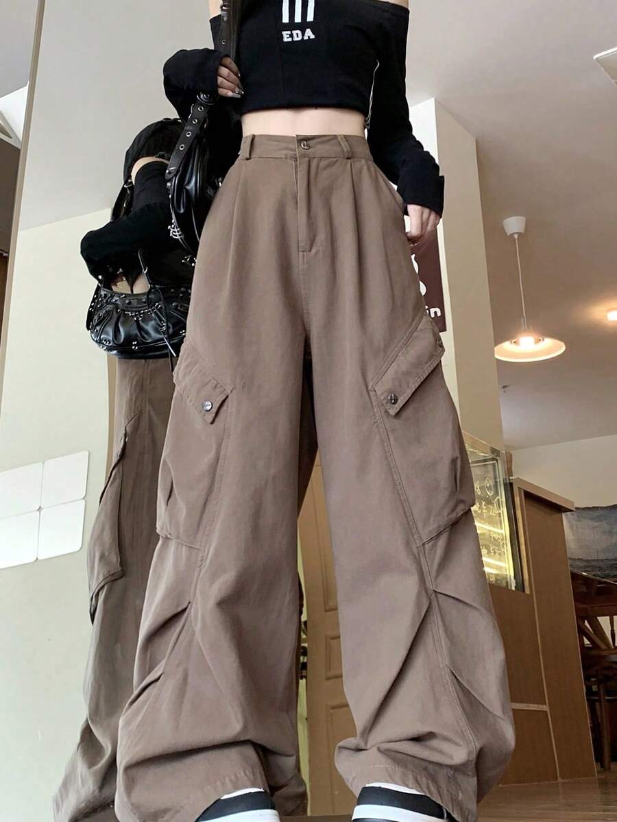 美式复古风格宽松阔腿工装裤/牛仔裤，绿灰色，冬季休闲装