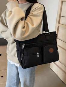 Túi xách tay phong cách retro mới, dung tích lớn, màu trơn thời trang, đa năng dành cho nữ, túi đeo vai tối giản, dây đeo điều chỉnh được, phù hợp cho đi chơi, hẹn hò, mua sắm, đi làm hàng ngày. - màu đen - Xem 6