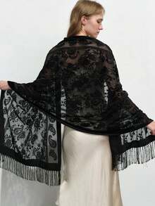 1 Stück Samt Schal mit Blumen Spitze Paisley Muster, modischer Party Schal, warmer Quasten Schal - Verschiedenfarbig - Übersicht 1