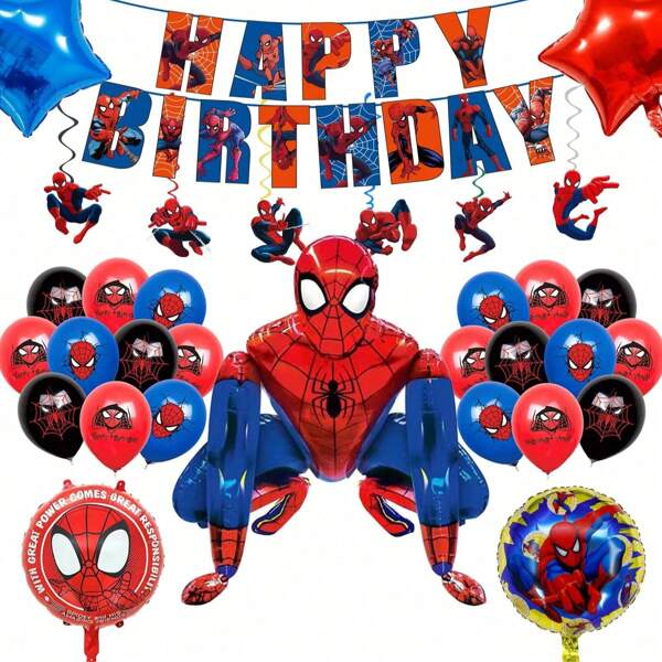 Disney 27Pcs Spider Man Party Supplies, Birthday Baner, Hanging Swirls, Assemble The Aluminum Baoon, Balons For Spider-Man Decorations,Spider Man Themed Baloons