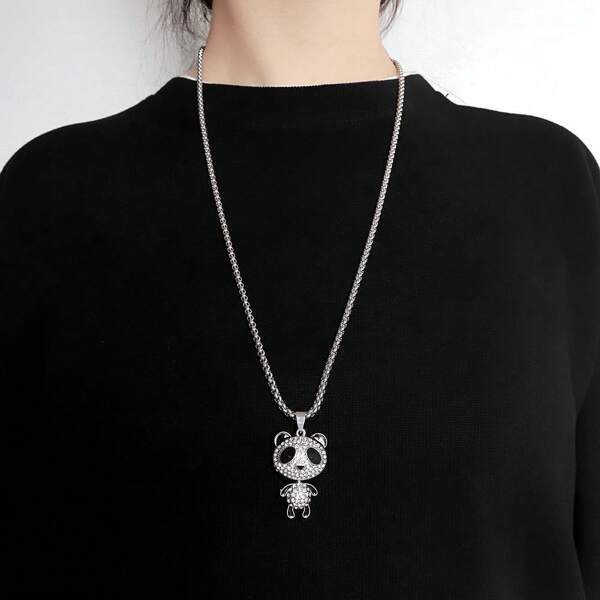 Nuevo collar con colgante de panda de estilo popular y elegante con strass para hombres, collar de cadena larga tipo suéter, accesorios de pareja, moda hip-hop