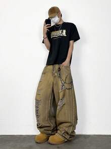 1pc Vintage Distressed Wide Leg Jeans, Loose & Comfortable American Streetwear Fashion, Suitable For All Seasons (Belt And Accessories Not Included) - Bronze - View 1