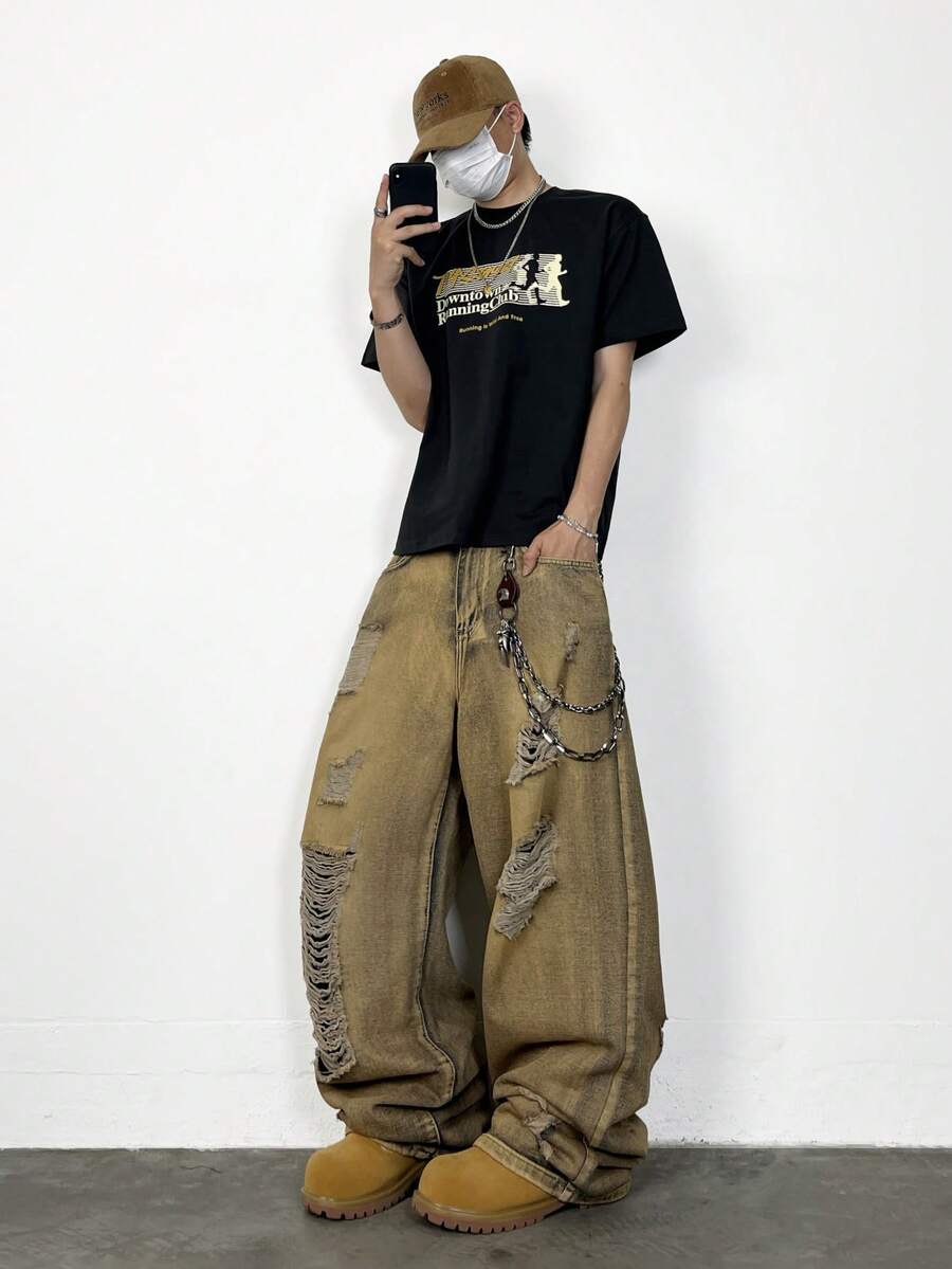 1pc Vintage Distressed Wide Leg Jeans, Loose & Comfortable American Streetwear Fashion, Suitable For All Seasons (Belt And Accessories Not Included) - Bronze - View 1