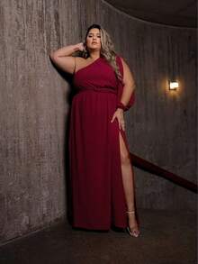 Women's Long Dress One Sleeve Plus Size With Slit And Opening On The Sleeve Elegant - Redwood - View 6