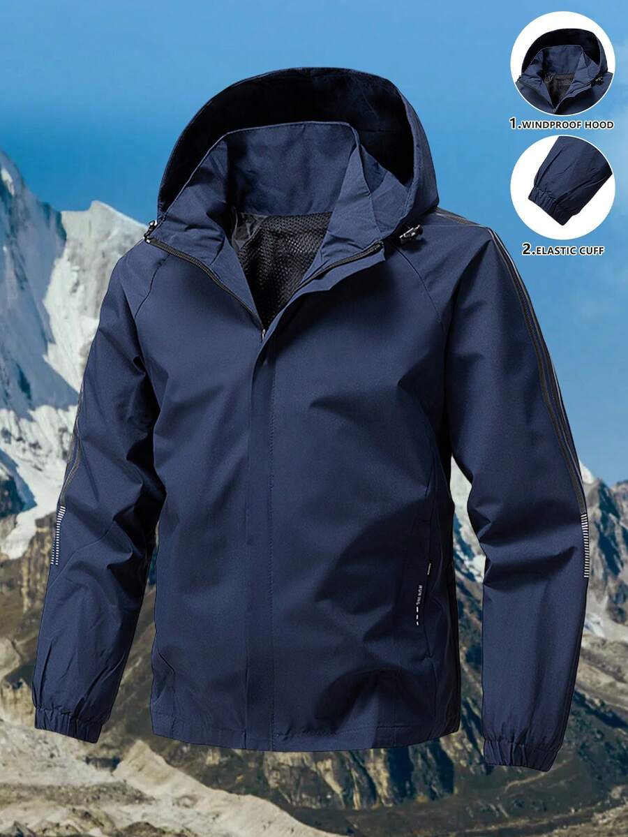 Men's Spring/Autumn Windbreaker Jacket, Hooded, 3-Stripe, Outdoor Sport Water-Resistant Casual Coat - Blue - View 1