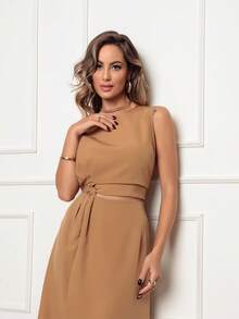 Cropped Tailored Set With Midi Skirt With Bow Tie - Màu nâu  Mocha - Xem 4