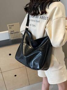 Bolso de hombro de mujer de estilo de moda, sencillo y clásico, con diseño de asa ajustable y cruzada, de tela texturizada de unicolor casual y versátil, adecuado para el uso diario de estudiantes universitarios, con gran capacidad de almacenamiento