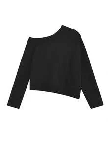Suéter holgado asimétrico de hombros descubiertos de mohair para mujer, estilo relajado en color negro - Negro - Ver 4