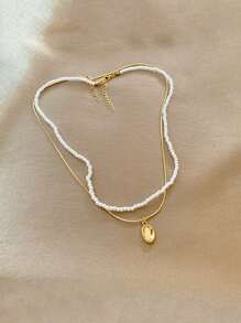 1 Stück Luxus Nische Doppelschicht Perlen Anhänger Halskette, elegante Perlen Choker Halskette, vielseitige Schlüsselbein Kette