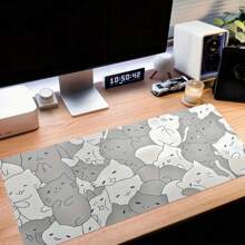 巨猫设计游戏鼠标垫|防滑橡胶底座|缝合边缘|多功能桌垫，适用于键盘和鼠标|非常适合家庭办公室和游戏设置，游戏桌配件|卡通猫印花|橡胶鼠标垫，游戏鼠标垫，学校用品，返校 - 灰色 - 查看 4