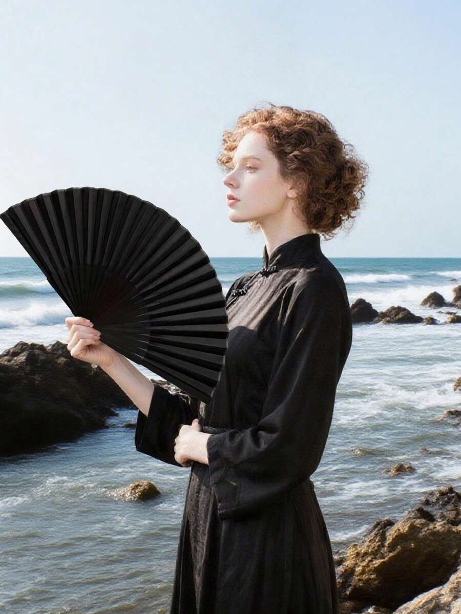 1 件优雅黑色折叠手扇 - 传统日式风格，涤纶，无需电池，男士清凉夏季配件，完美礼物之选