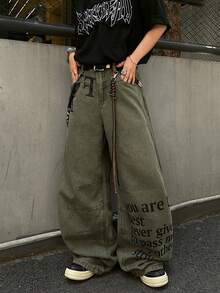 1 chiếc quần ống loe nam hiệu Infinite Jeans kiểu dáng thường ngày, họa tiết chắp vá, in cá tính, dáng rộng thoải mái, phong cách đường phố (Sản phẩm không bao gồm thắt lưng và phụ kiện) - xanh quân đội - Xem 3