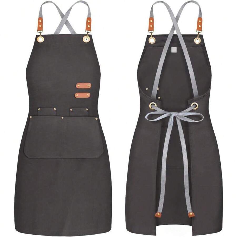 Chef Canvas Apron Men Women, Kitchen Bib Apron With 4 Pockets,Cooking Hairstylist Work[CZ]