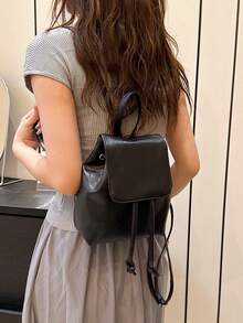 South Korea Large Capacity Pu Backpack Niche Simple Literary Style Bunches Drawstring Backpack Classic Holiday Travel Office Workers Suitable For Bags - Black - View 8