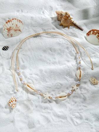 1pc Bohemian Beach Style Shell, Turquoise, Starfish & Faux Pearl Woven Waterproof Necklace, Suitable For Women's Vacation Wear