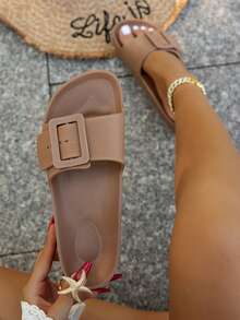 New European & American Style Strap EVA Thick Sole Slippers, Casual And Comfortable Outdoor Slide Sandals With Dual Buckles, Lightweight Anti-Slip Beach Shoes For Women - Chocolate Brown - View 3