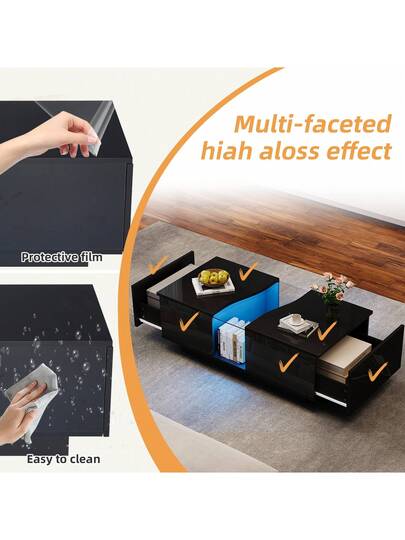 Sairedel Moderne LED Coffee Tafel Drawers 100 50 35 Cm, Wit High Gloss Side Verlichting Acrylic Top, MDF Living Room, Bedroom view 4