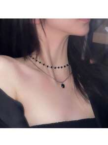 1pc Black Double Layer Diamante Inlaid Necklace, Minimalist Luxury Collarbones Chain For Women, Black Butterfly
