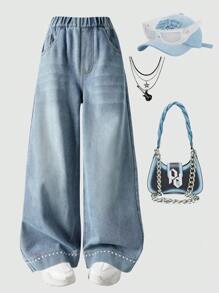 Girls' Polka Dot Embroidered Flared Leg Jeans - Blue - View 4