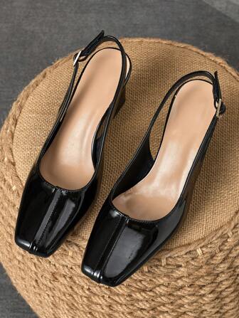 1 paire de chaussures à talons hauts à bout carré de base brillantes avec dos ouvert pour femmes, talon épais de 7 cm, sexy et pour les mannequins, mariages, fêtes et sorties