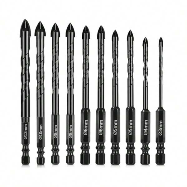 10pcs Ceramic Drill Bit Set, Hexagonal Shank Glass Drill Bits For Tile, Ceramic, Brick, Stone, Glass, Plastic, Wood, Porcelain, 3-12mm