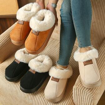 1 Pair Plush Lined Casual Slippers For Women/Men, Thick Soft Fleece Suede Material, Suitable For Indoor & Outdoor Wear, Warm & Comfortable, Thickened Anti-Slip Sole, Various Fashionable Colors For Winter Season Home Shoes