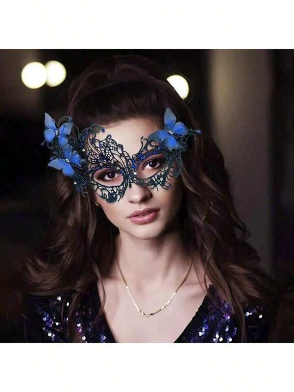 1 pieza Máscara de ojos de encaje de mariposa hueca con rhinestones en forma de fénix, máscara de media cara brillante de encaje, máscara de maquillaje de atmósfera sexy para fiesta, juego, disfraz de Halloween de mujer, máscara de ojos de encaje de poliéster