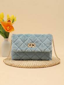 Fluffy Material Diagonal Crossbody Bag For Women, New Fashion Versatile Chain Shoulder Bag, Furry Clasp Small Square Bag - Blue - View 3