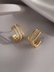 1pair Fashionable Cubic Zirconia Decor Geometric Cuff Hoop Earrings For Women For Daily Decoration - Yellow Gold - View 6
