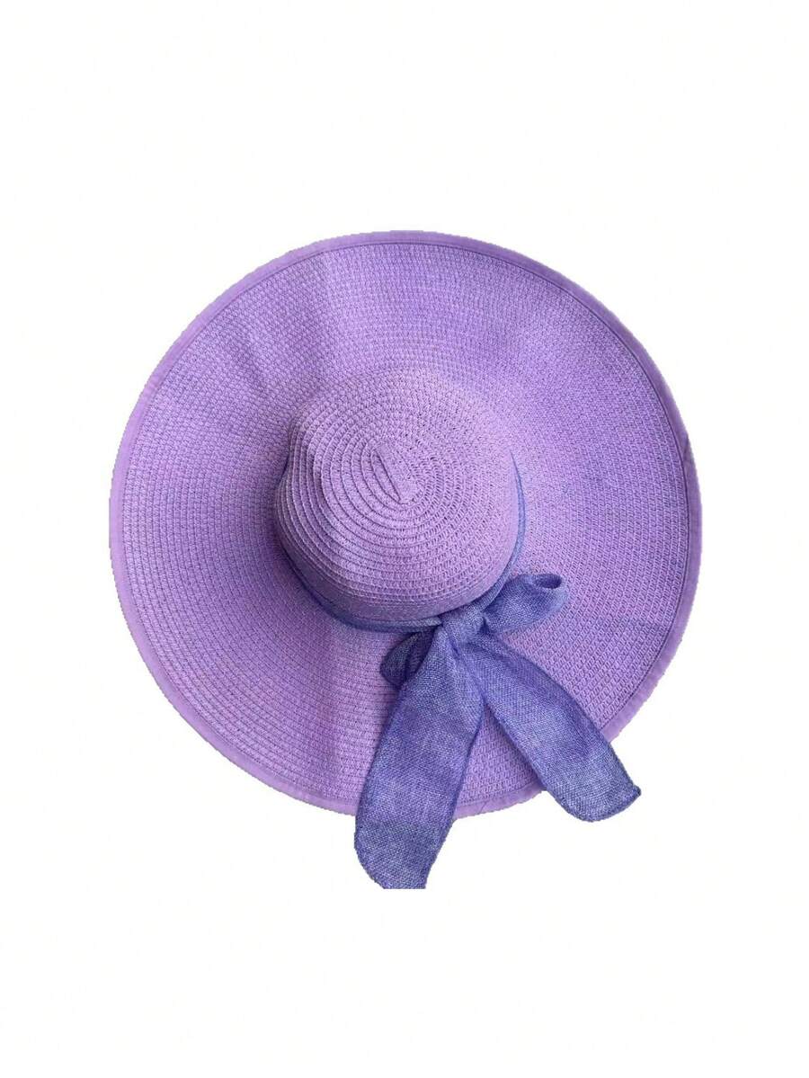 1 件休闲优雅蝴蝶结纯色波西米亚风宽边圆顶草帽，防紫外线，防风，装饰蝴蝶结，多功能适合夏季户外海滩遮阳帽，礼物 - 圓頂草編帽 - 查看 1