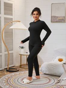 女士保暖内衣套装，保暖内衬舒适长袖上衣和裤子两件套，秋冬 - 黑色 - 查看 3