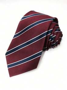 1 Pc Men's Casual Striped Polyester Necktie, Suitable For Formal And Business, Burgundy & Navy Stripe - Multicolor - View 3
