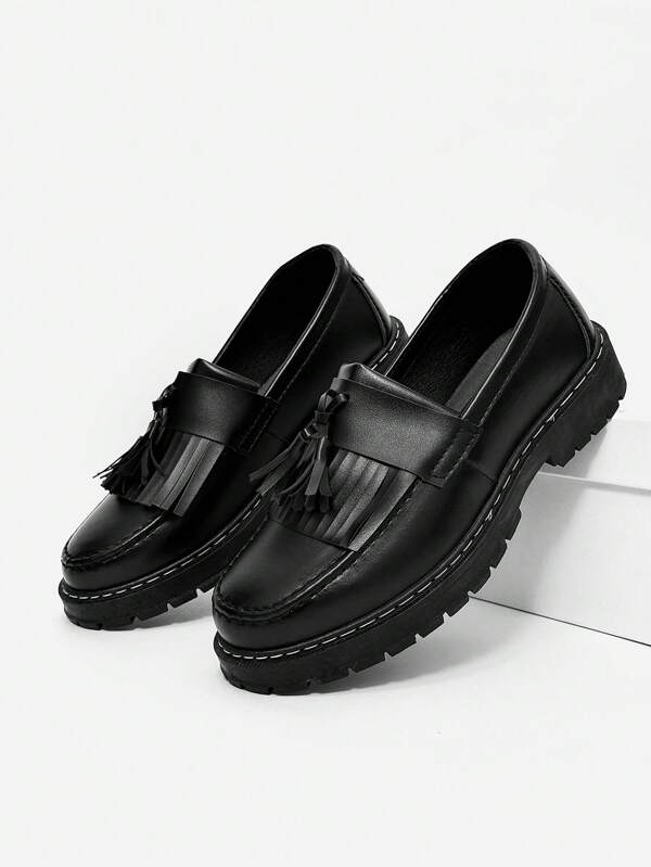 Men's Casual Thick Sole Slip-On Heightening Solid Black Leather Shoes, Durable Student Flat Loafers, Formal Business Dress Shoes, Lightweight Casual Work Boots, Unisex