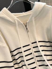 秋冬撞色条纹学院风双面拉链连帽休闲宽松针织开衫 - 白色 - 查看 4