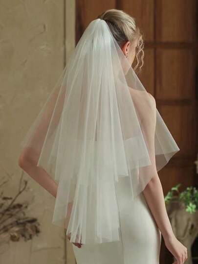 新娘双层白色短款亮面纱婚纱写真派对户外发饰简洁大方仿珍珠装饰米色头纱和黑色头纱万圣节新娘蕾丝边头饰欧美复古婚礼道具小女孩公主发饰