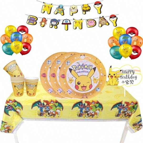 pokemon Decoraciones de fiesta de Pokémon/fiesta, decoraciones para diversas ocasiones como fiestas, celebraciones temáticas, platos desechables, sombreros de cumpleaños, platos, tazas y otras decoraciones con patrones de Pokémon, decoraciones de fiesta interiores, accesorios de Pokémon, para todas las ocasiones y edades