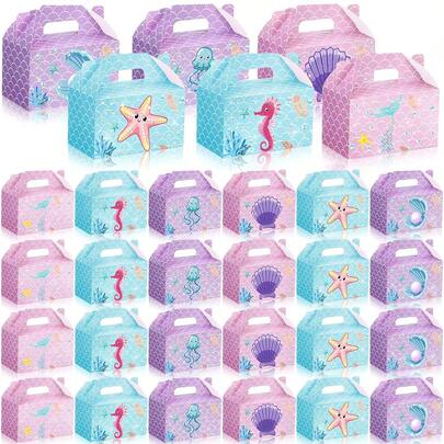 Caja de regalo de fiesta de sirena 6/12/18/24/30/36 Piezas. Caja de regalo con asa, bolsa de regalo con conchas y perlas falsas para el suministro de la fiesta de cumpleaños de sirena submarina